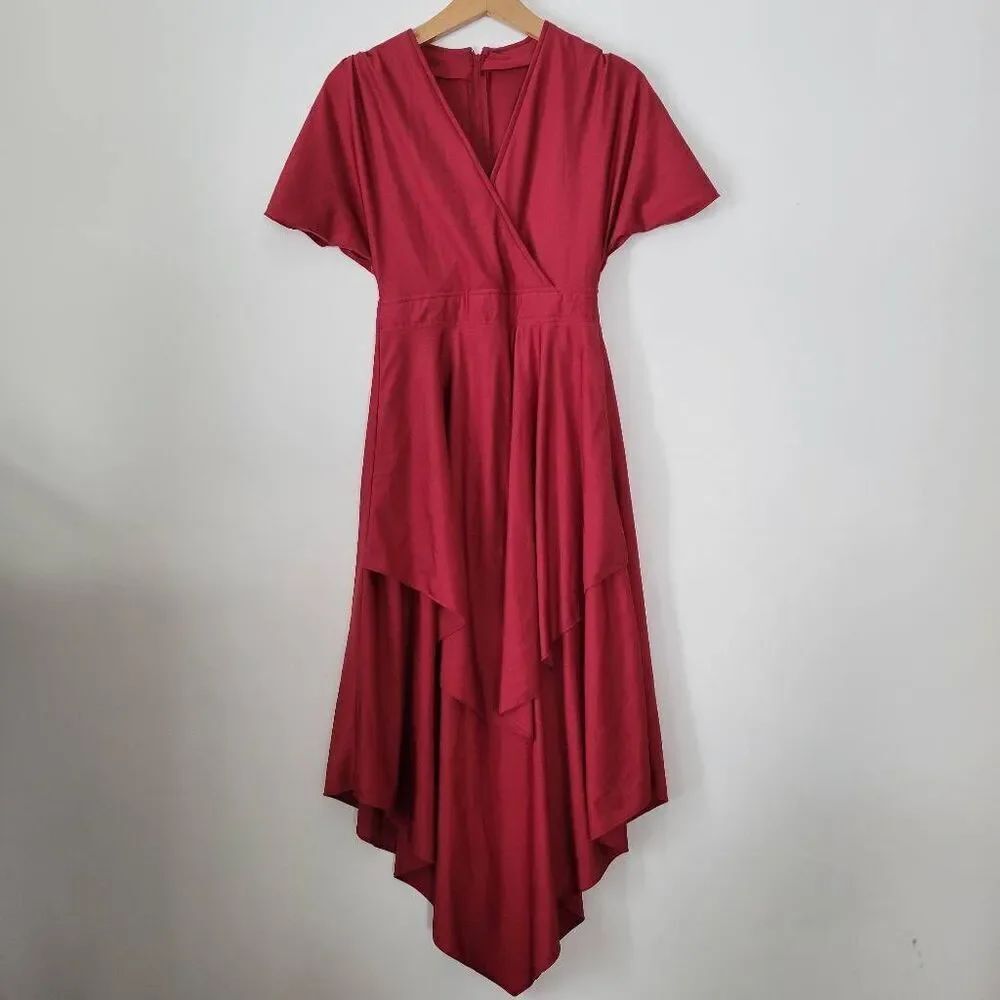 Handmade Burgundy Wrap Style Dress  Asymmetrical High Low Hem Vintage Inspired R
